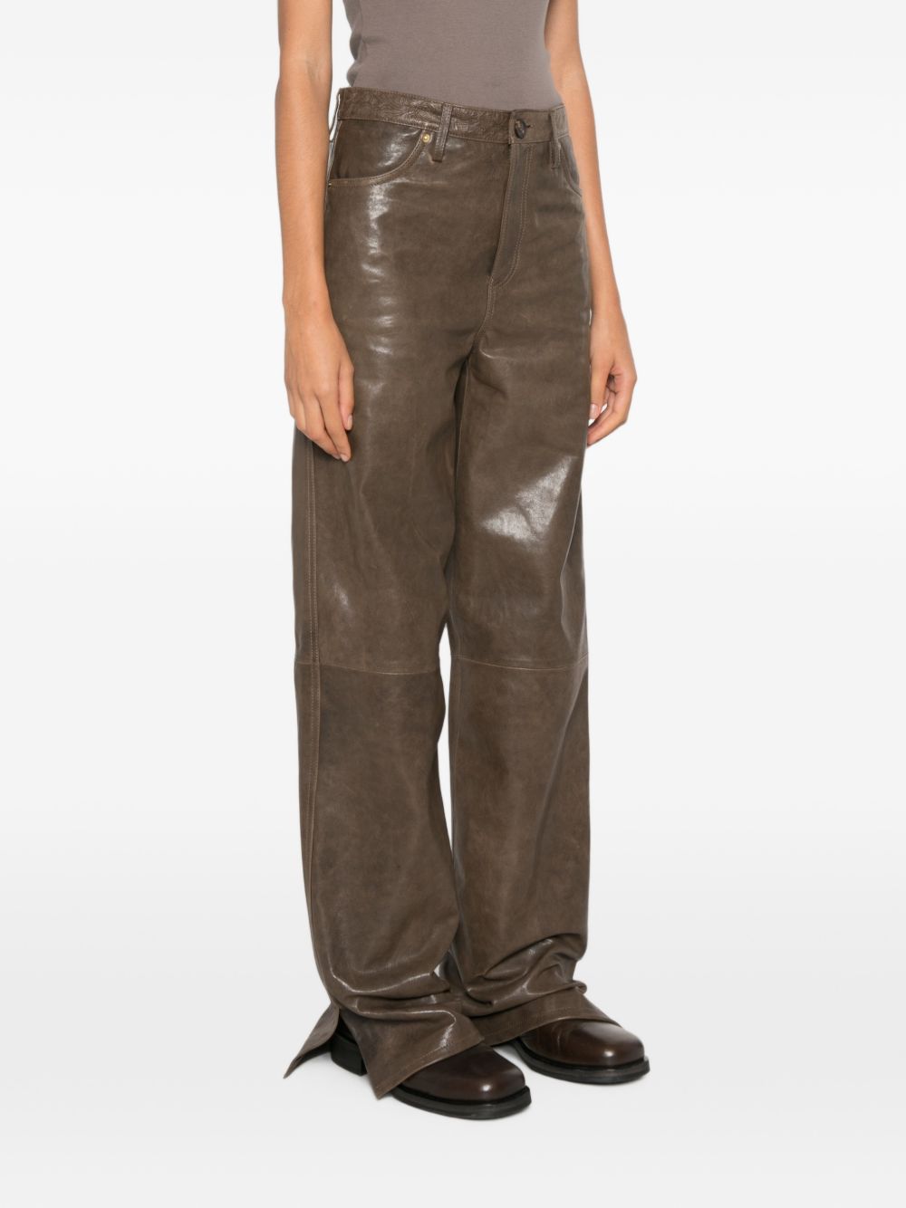 GOLDEN GOOSE Pantaloni verdi in pelle con tasche 