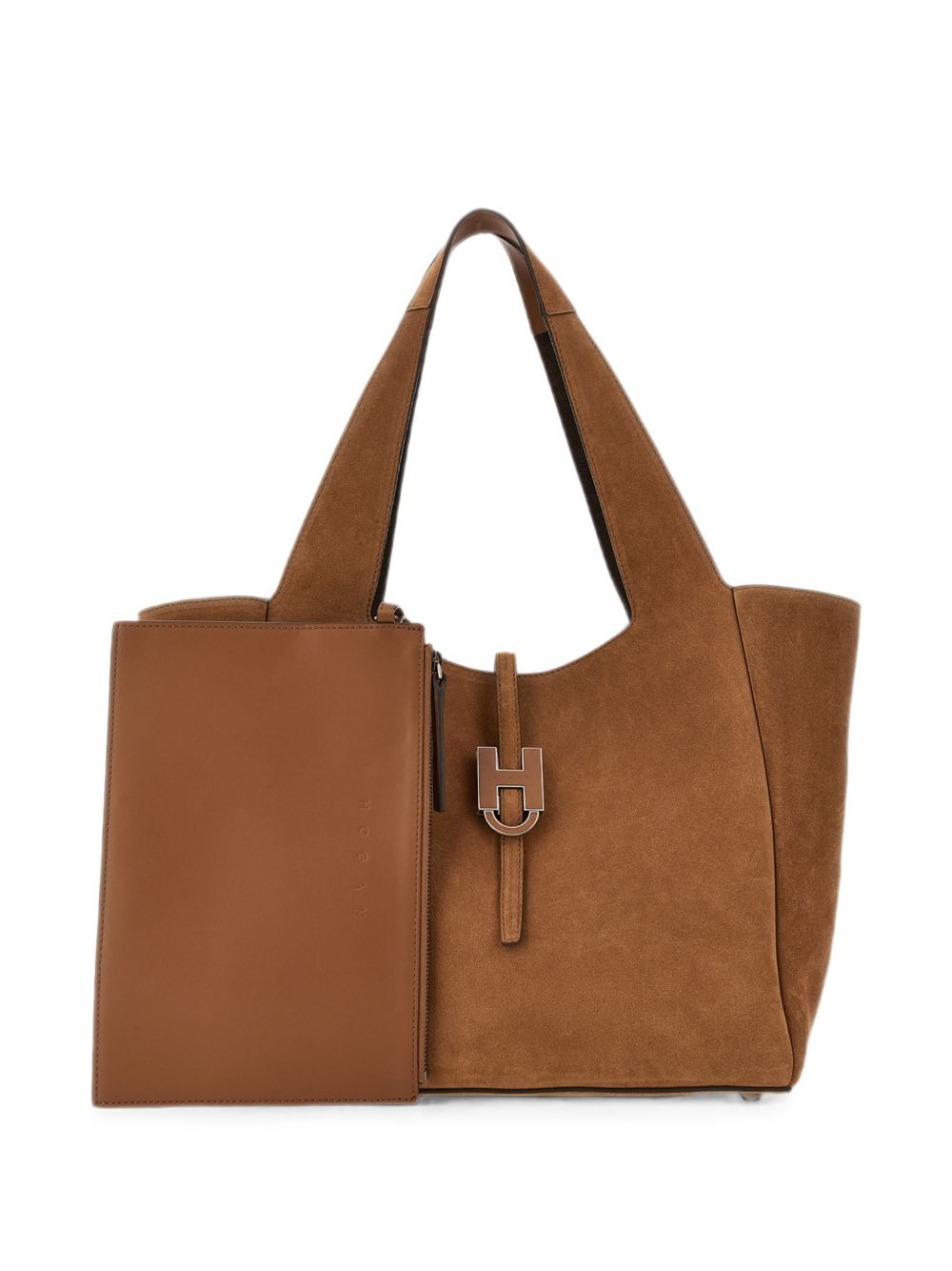 HOGAN Borsa tote a mano in suede marrone chiaro con placca 