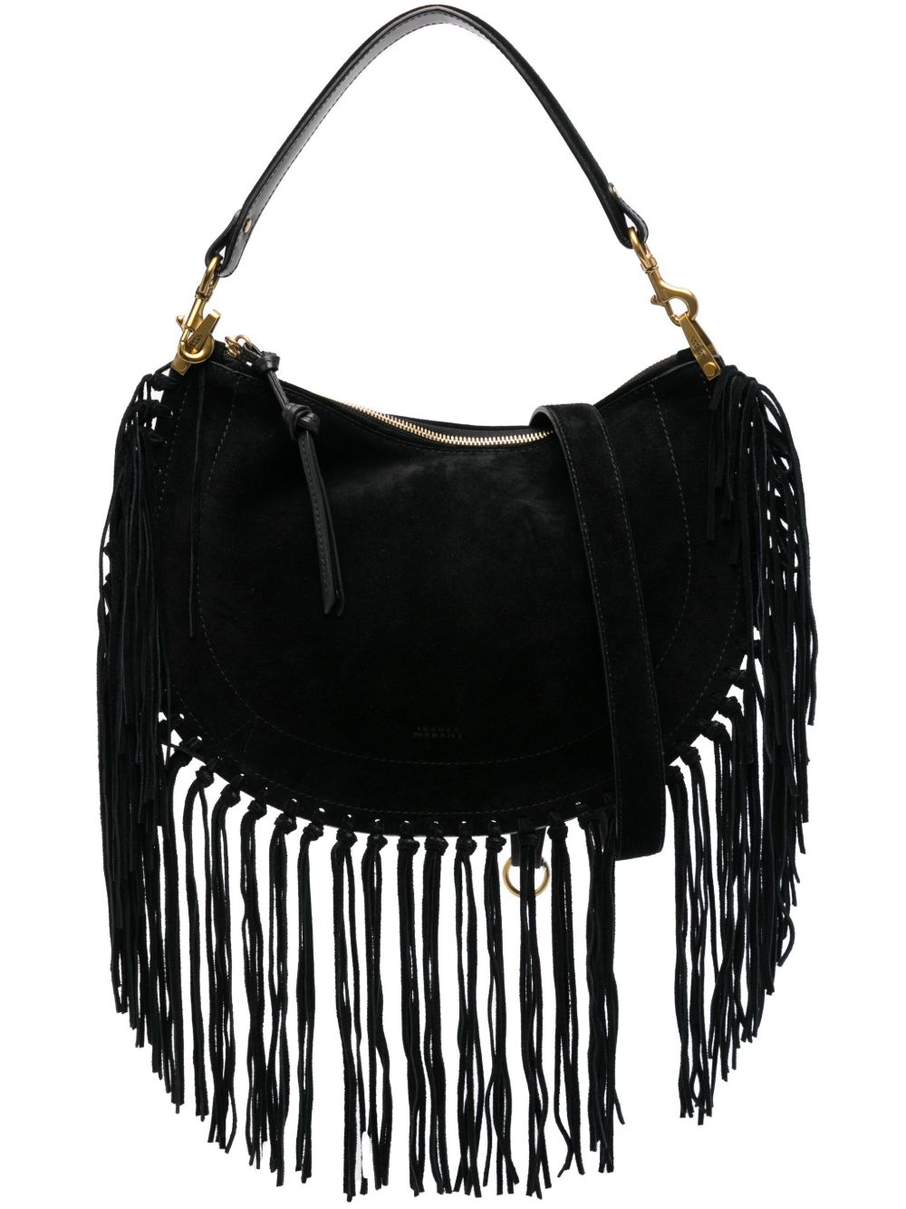 ISABEL MARANT Borsa a spalla nera in suede con frange stile rock 