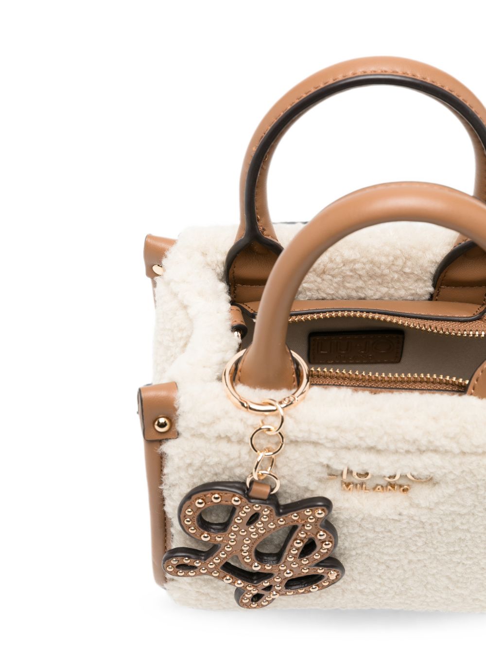 LIUJO Borsa tote a mano in simil-pelle con fur color crema e charm 