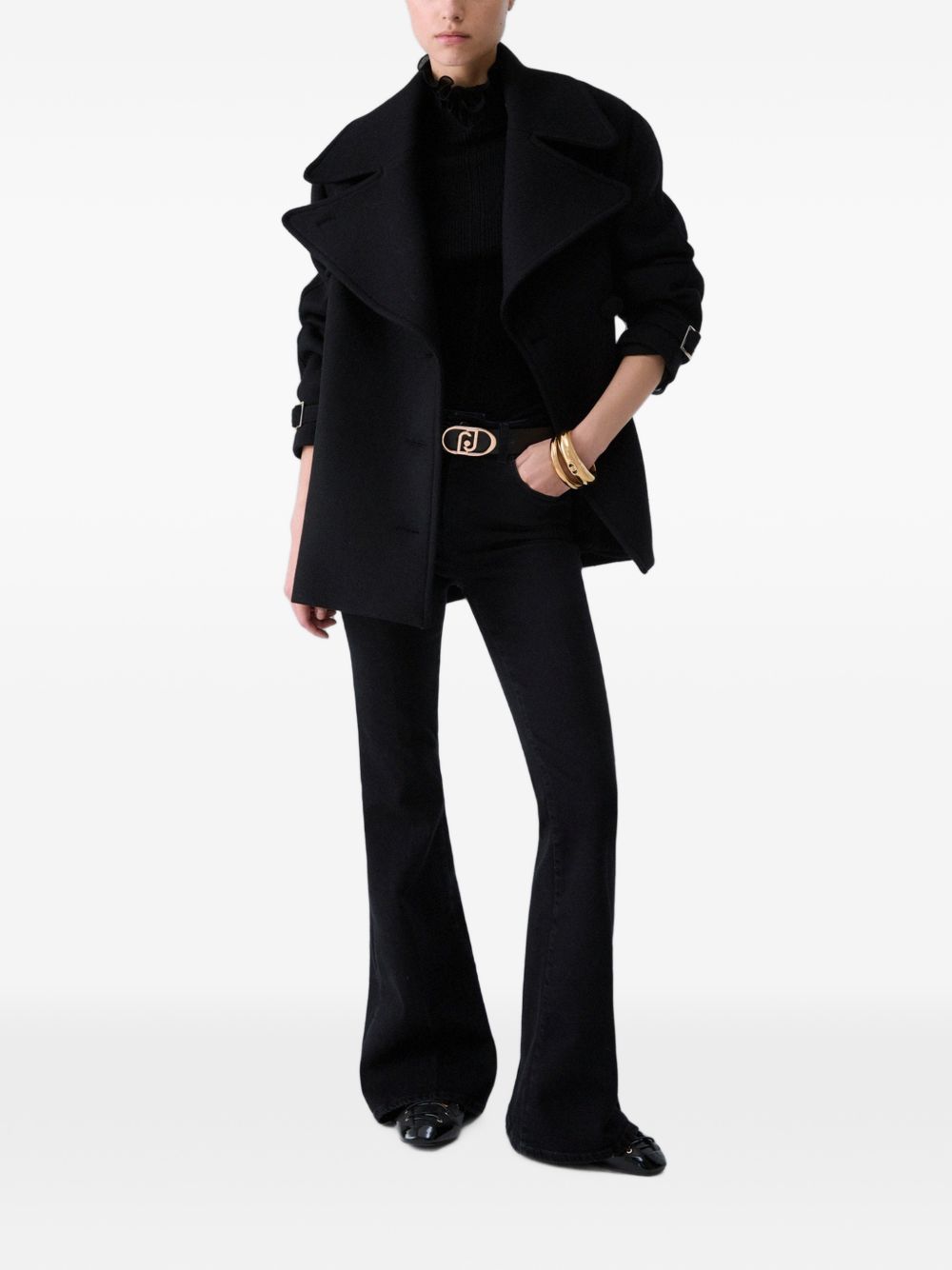 LIUJO Cappotto nero in lana con cintura in vita 