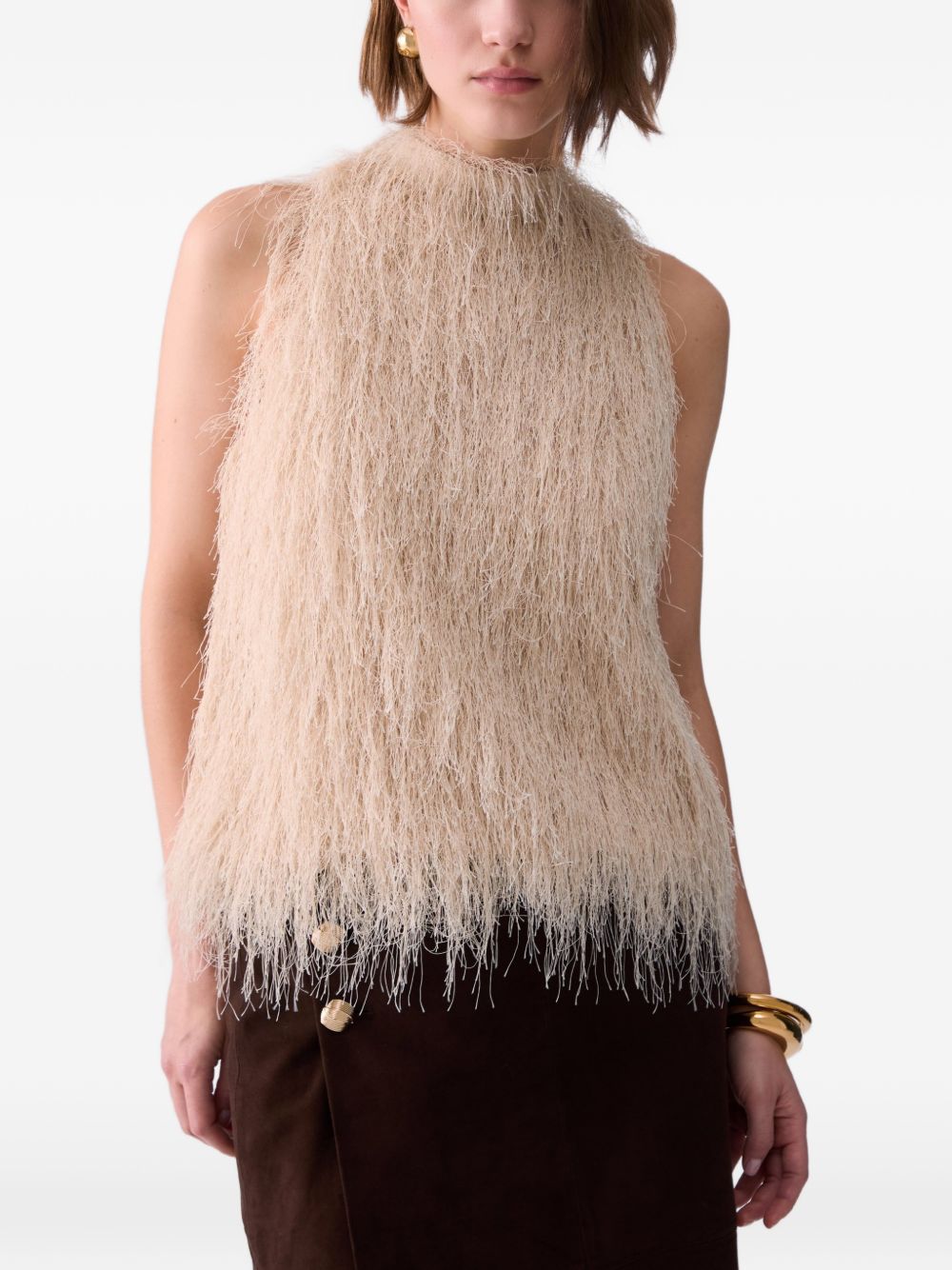 LIUJO Top smanicato color crema con frange 