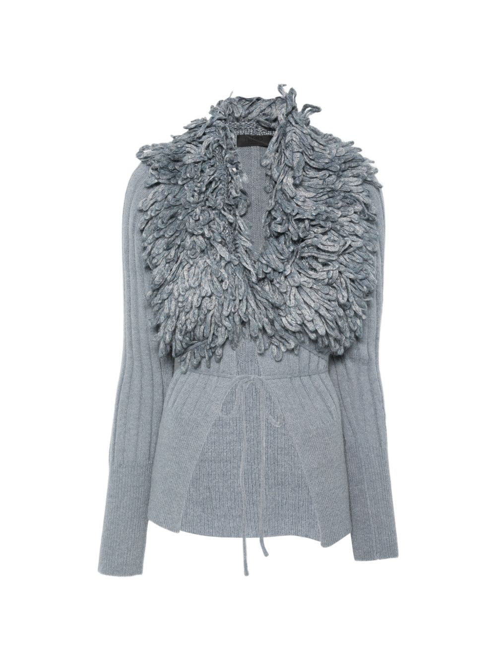 LIUJO Cardigan in lana grigio cielo con frange sul collo 