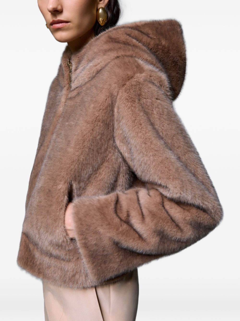 LIUJO Ecopelliccia marrone con cappuccio e tasche 