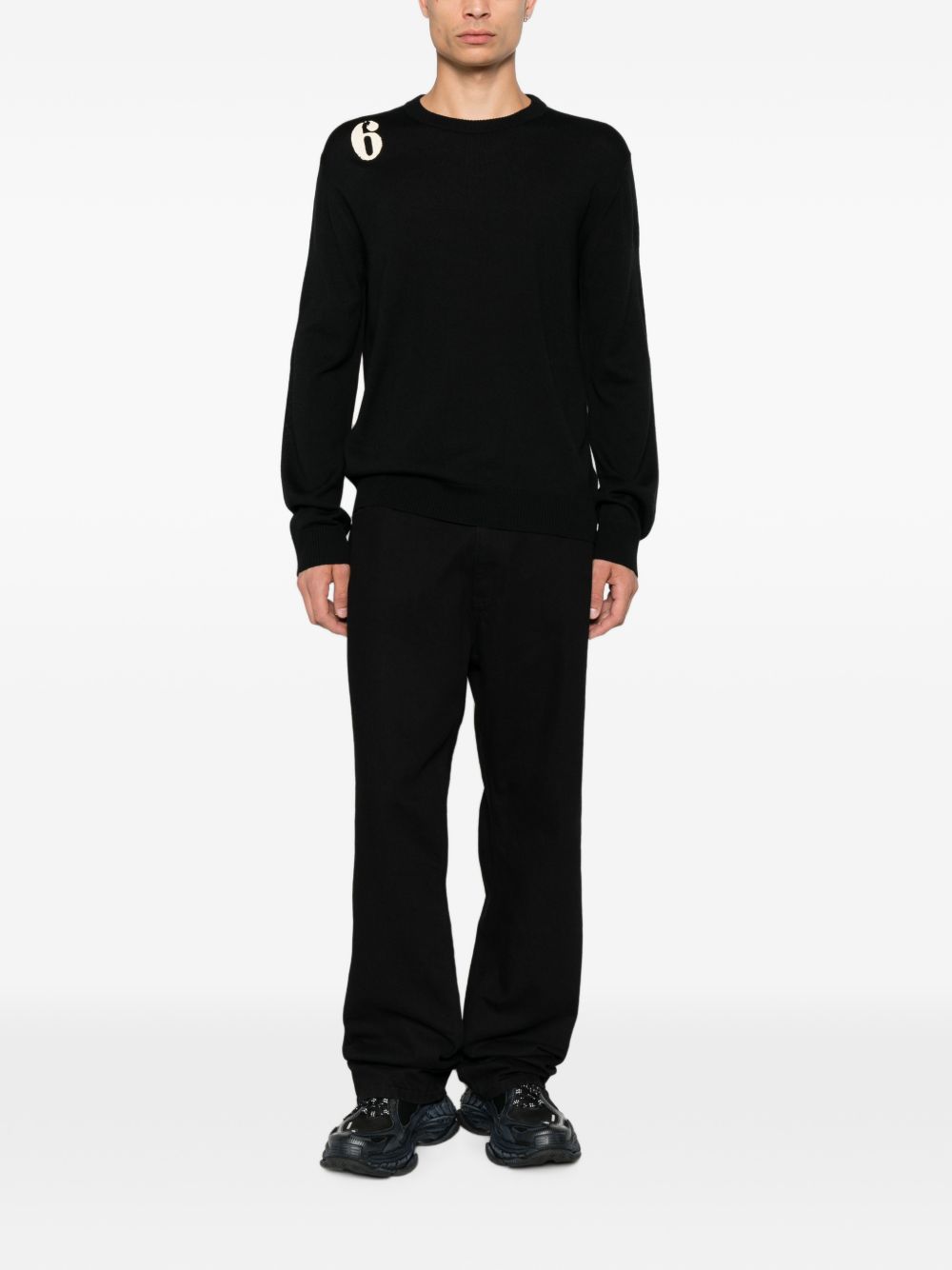 MM6 MAISON MARGIELA Maglia girocollo nera in lana leggera con numero 6 stampato 