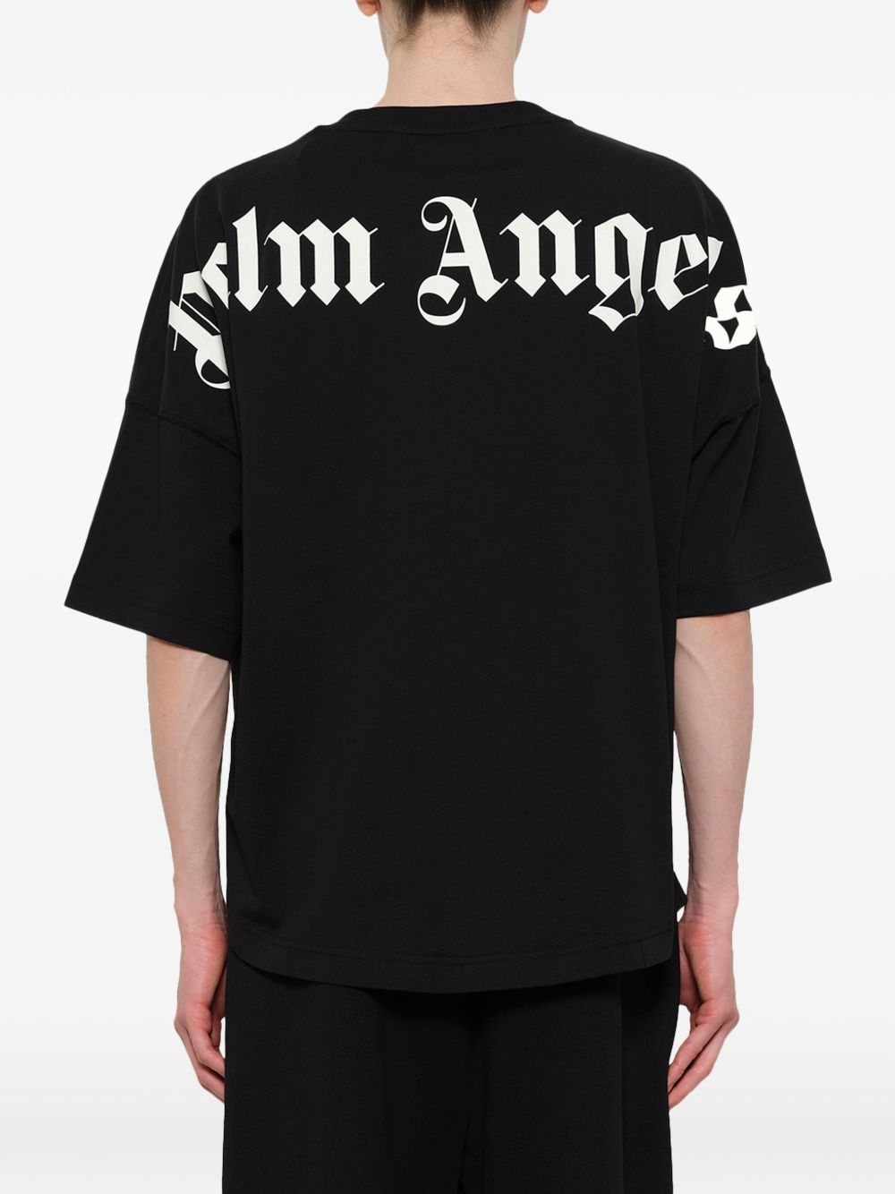PALM ANGELS T-shirt minimal nera a maniche 3/4 con logo sul girocollo 