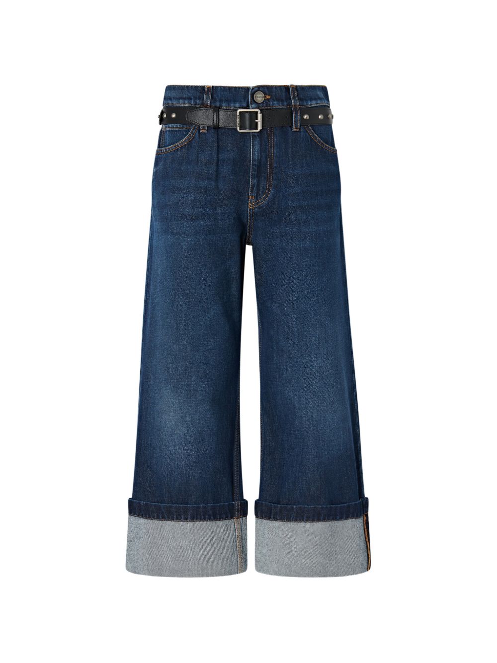 PINKO Jeans lunghi Cyntia in cotone blu con risvolto e cintura 