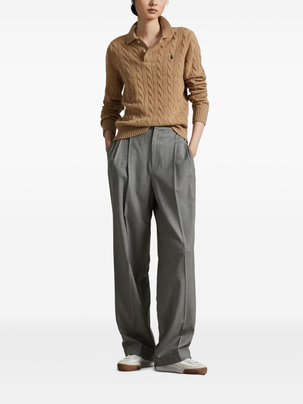 POLO RALPH LAUREN Maglia in lana marrone con colletto e trama a trecce 