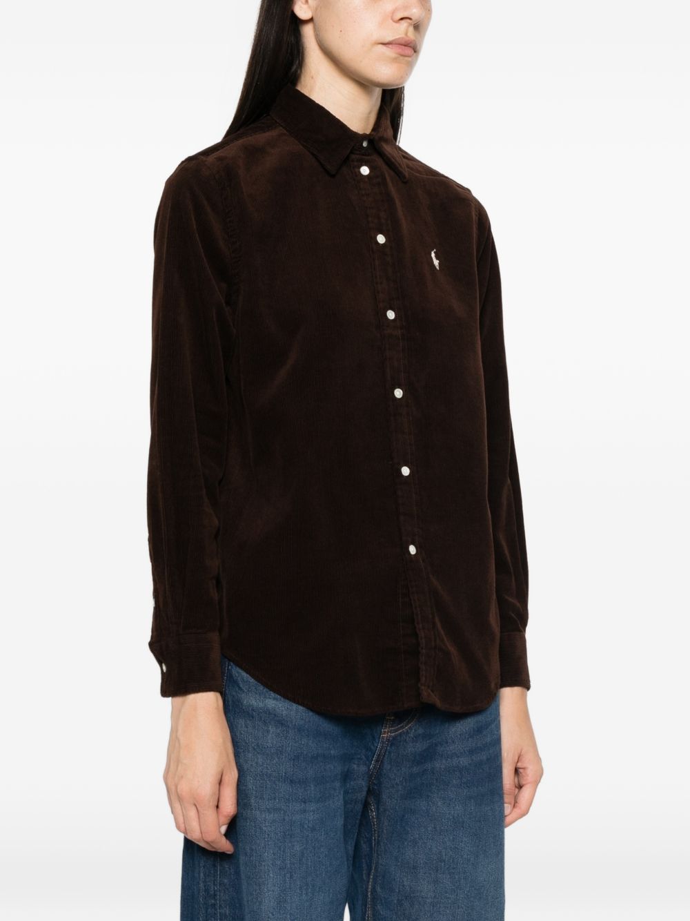 POLO RALPH LAUREN Camicia marrone in velluto con logo ricamato sul petto 