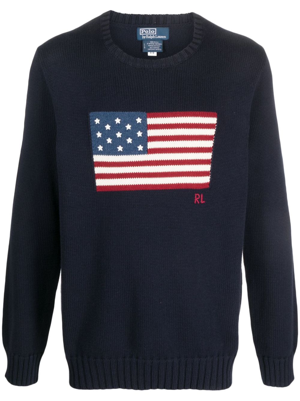 POLO RALPH LAUREN Maglia girocollo blu con American Flag ricamata sul petto 
