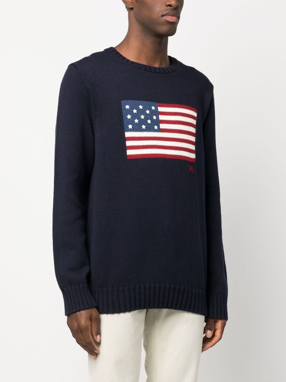 POLO RALPH LAUREN Maglia girocollo blu con American Flag ricamata sul petto 