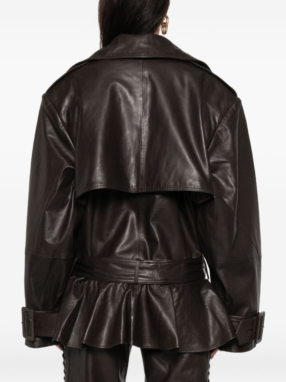 ROTATE Giacca biker in pelle di agnello marrone scuro con cintura 