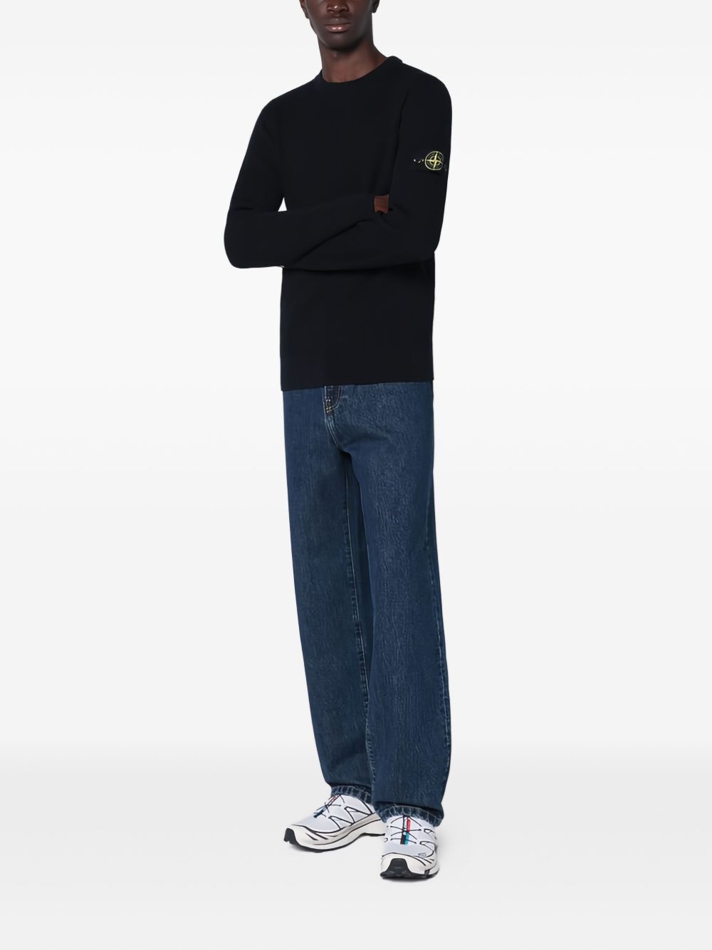 STONE ISLAND Maglia girocollo blu in lana vergine con patch logo 