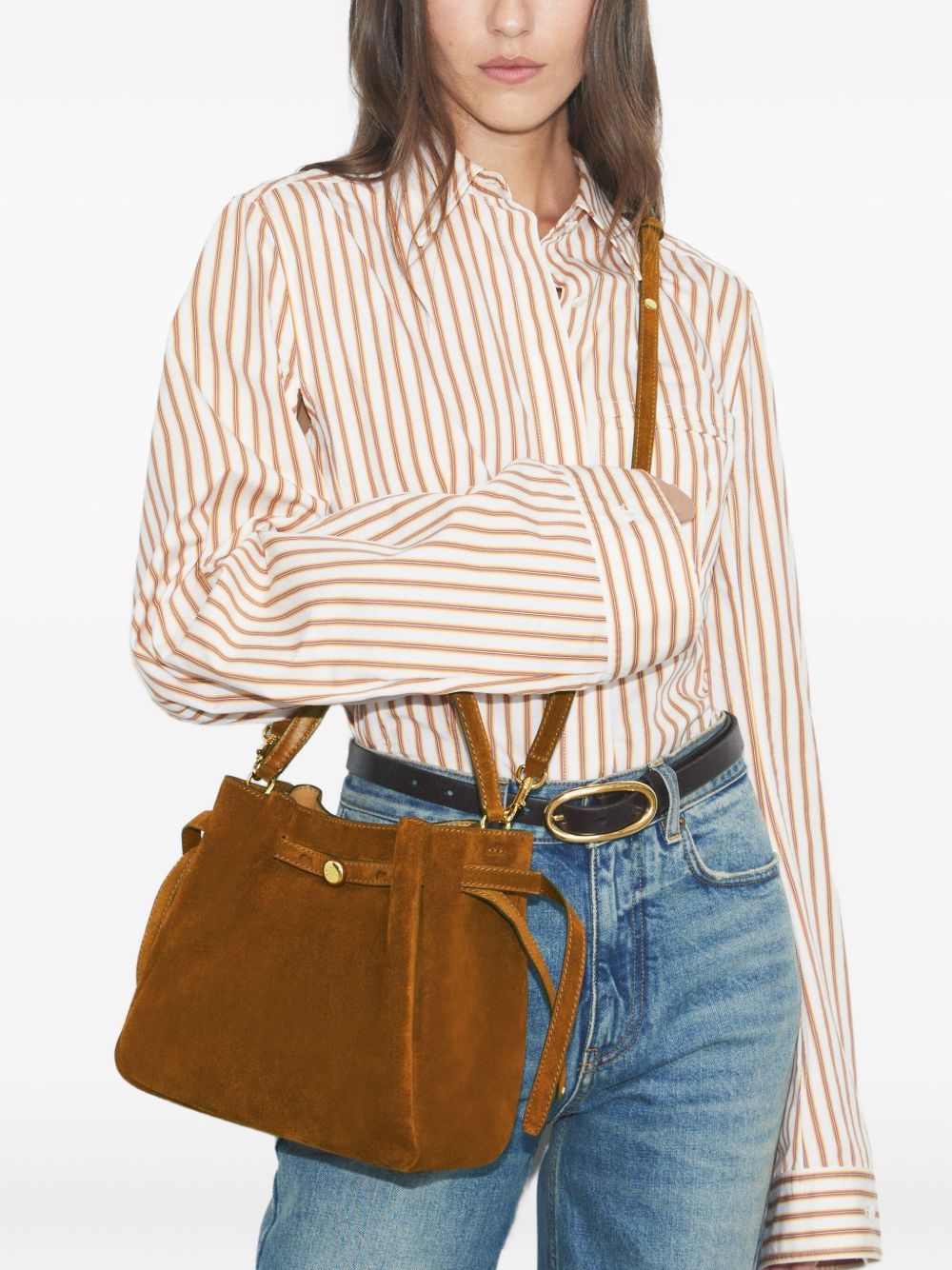 TORY BURCH Borsa a secchiello Romy in suede con tracolla e logo bottone 