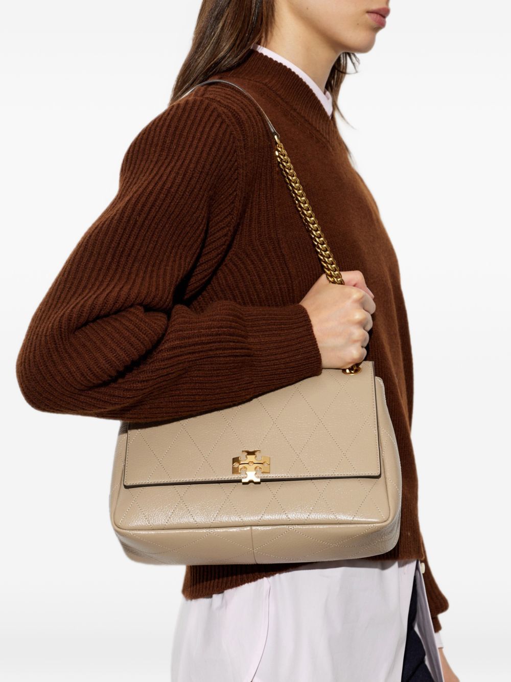 TORY BURCH Borsa Charlie Quilted Shoulder Bag in pelle beige trapuntata 