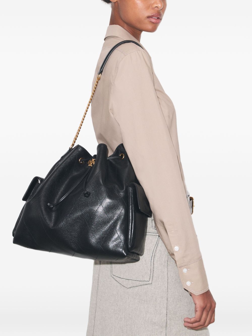 TORY BURCH Borsa a spalla Charlie grande trapuntata in pelle martellata con catena 