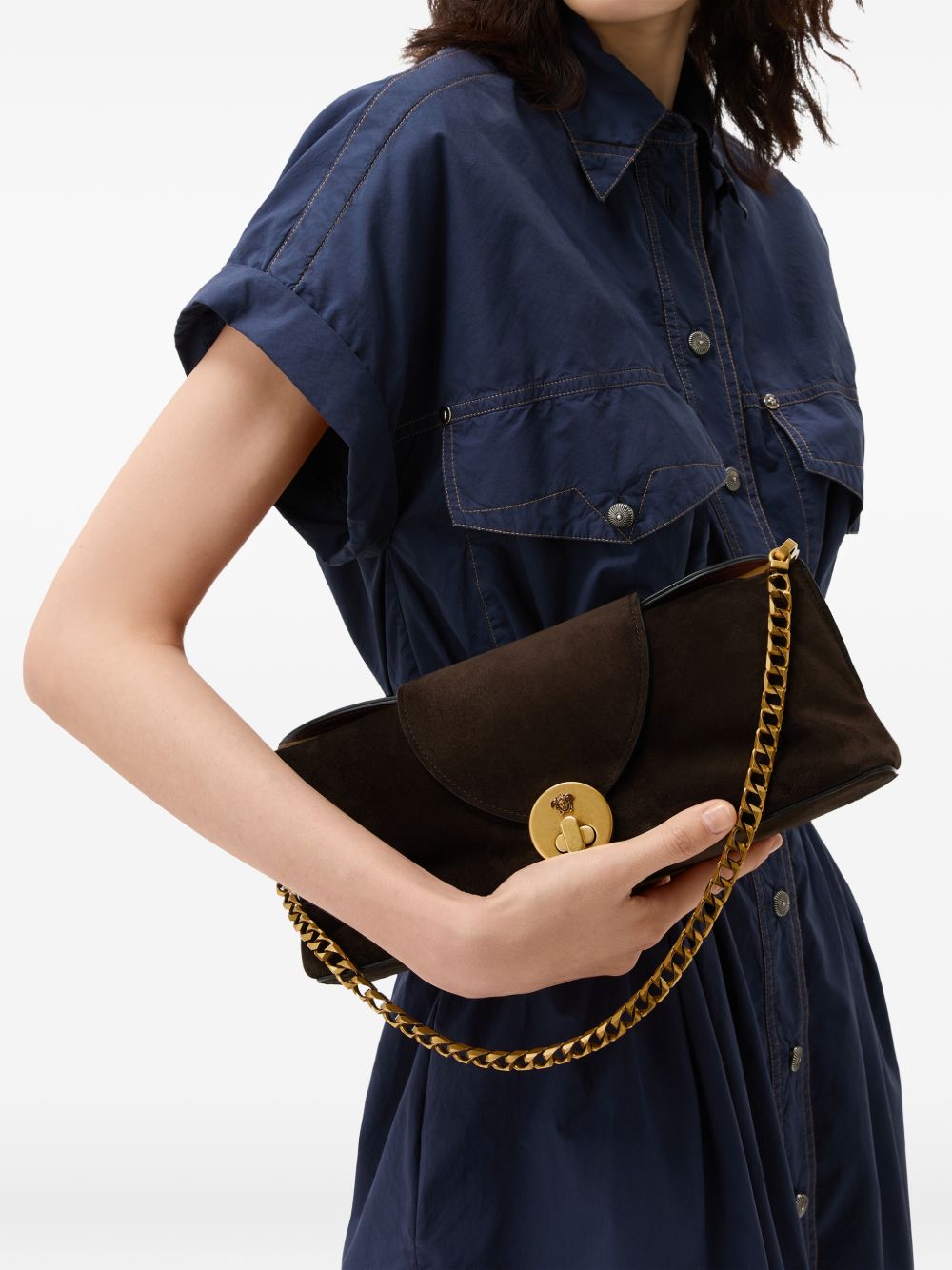 VERSACE Clutch Vivian in suede con tracolla a catena e Medusa 