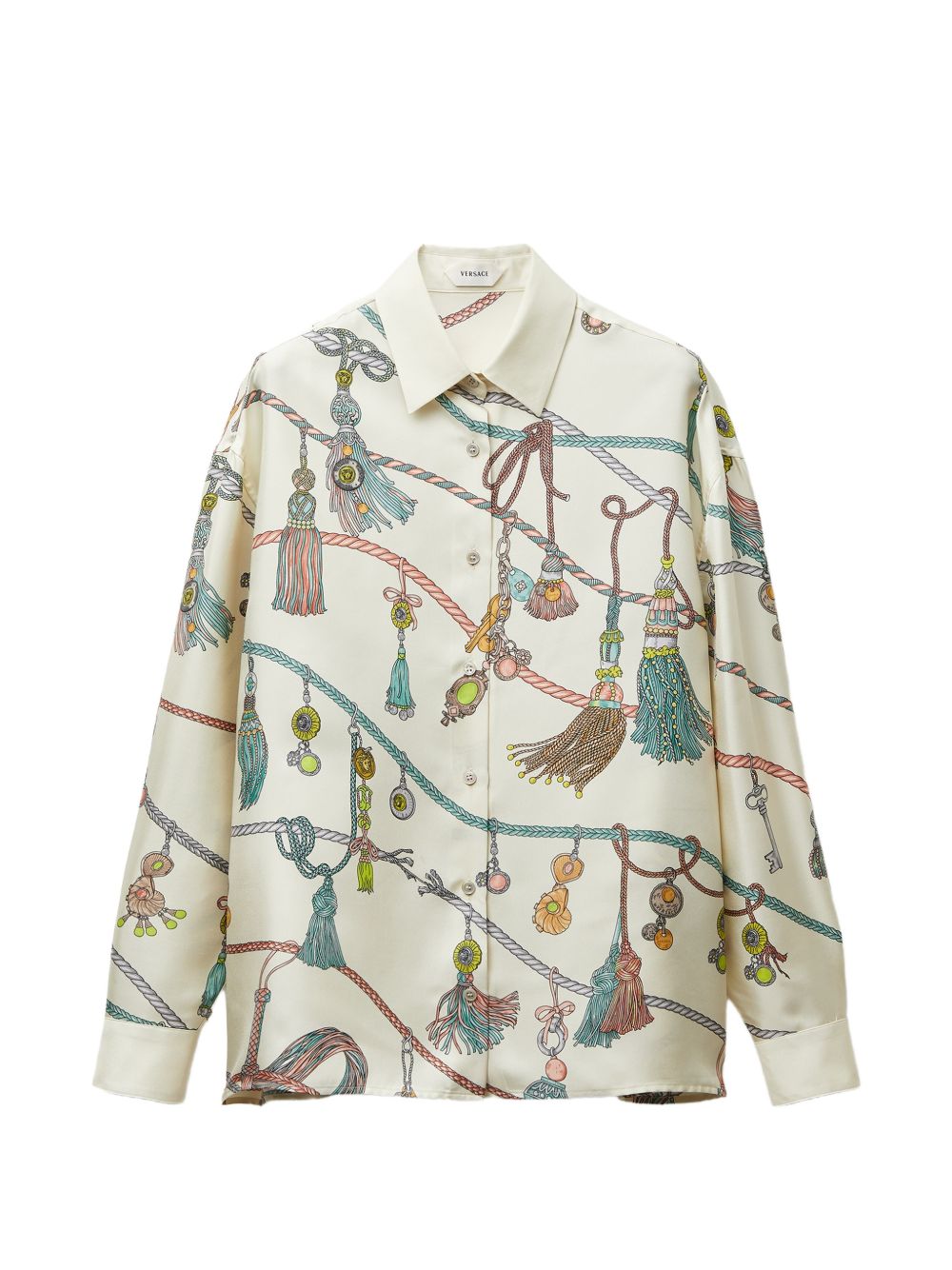 VERSACE Camicia avorio in seta con stampa multicolor 