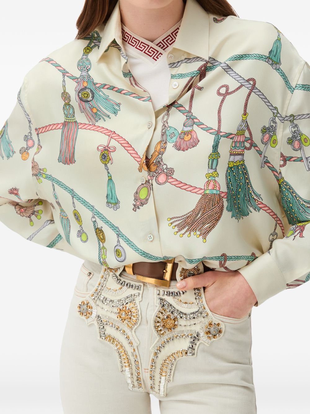 VERSACE Camicia avorio in seta con stampa multicolor 