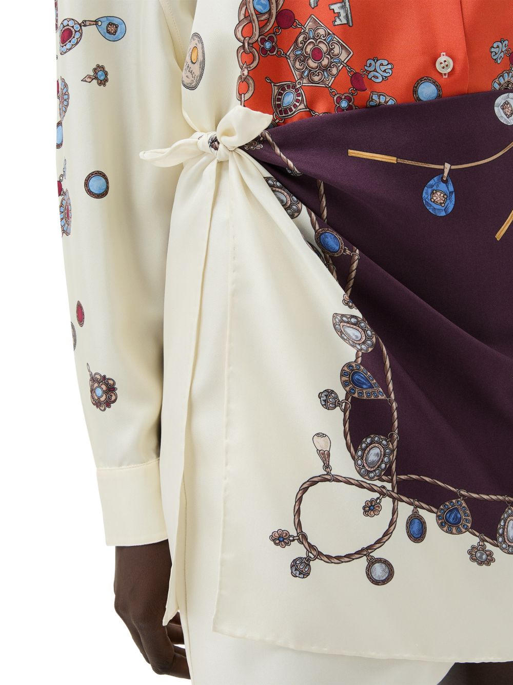 VERSACE Gonna in seta avorio e bordeaux con stampa multicolor 