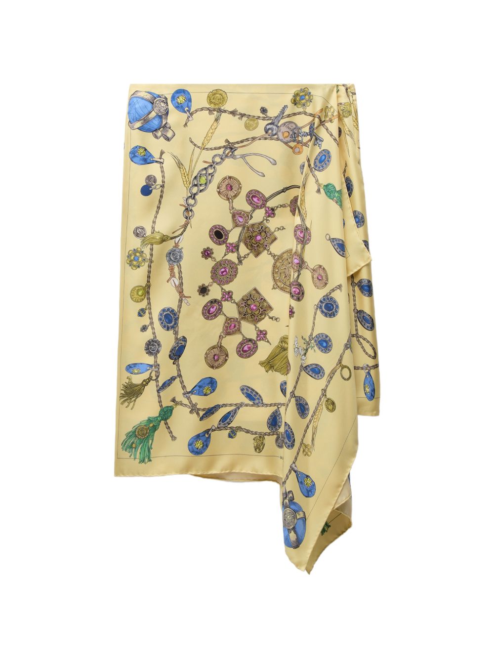 VERSACE Gonna midi in seta Broken Jewels gialla con stampa gioielli multicolor 