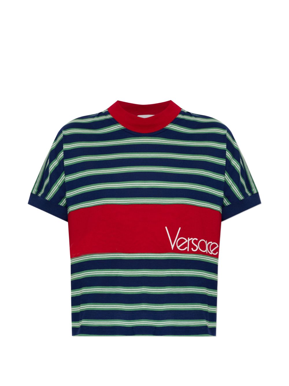 VERSACE T-shirt a righe in cotone con dettaglio rosso e logo ricamato 