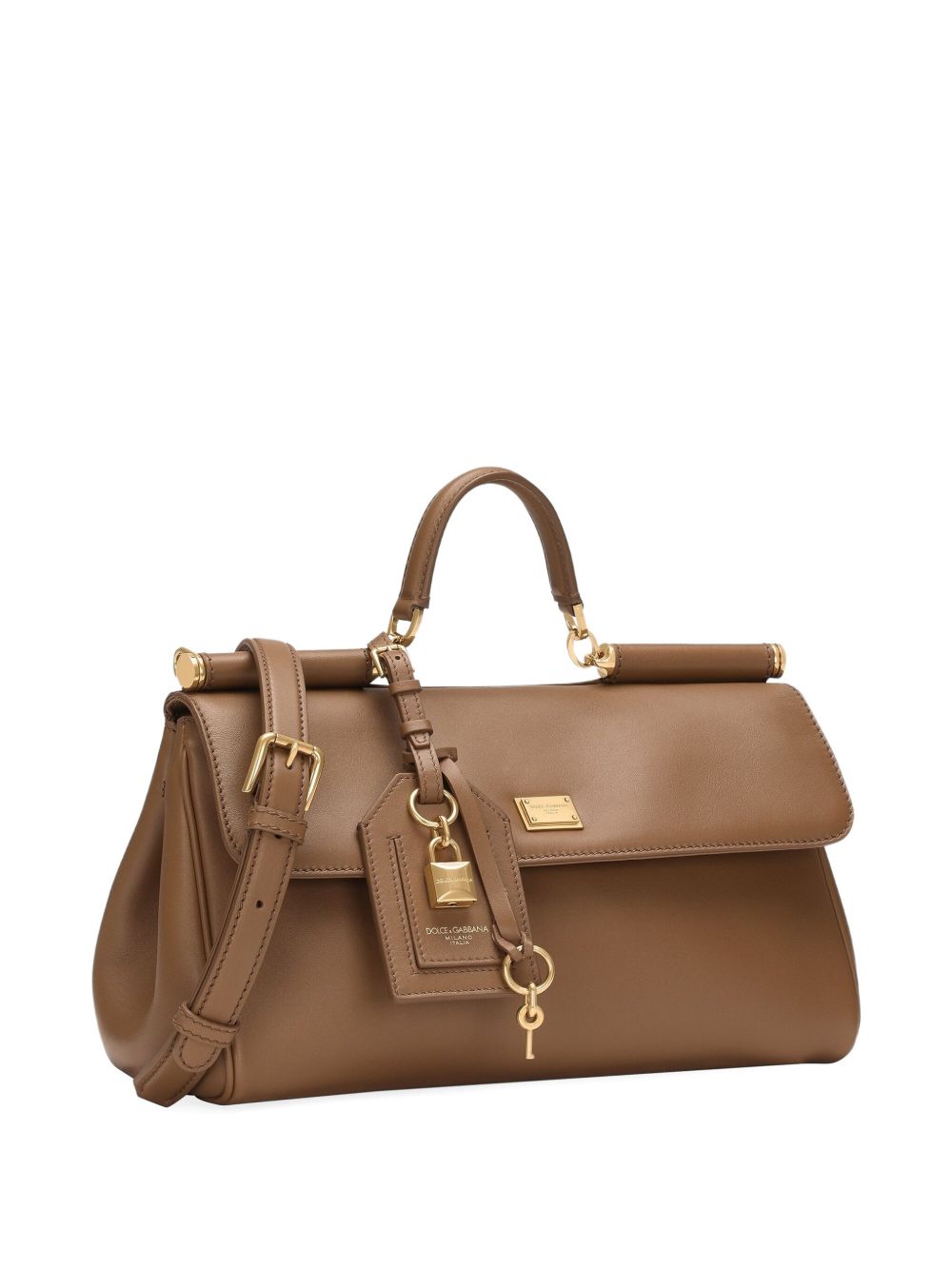 DOLCE e GABBANA Borsa tote "Sicily" in pelle color cammello con charm portachiavi 