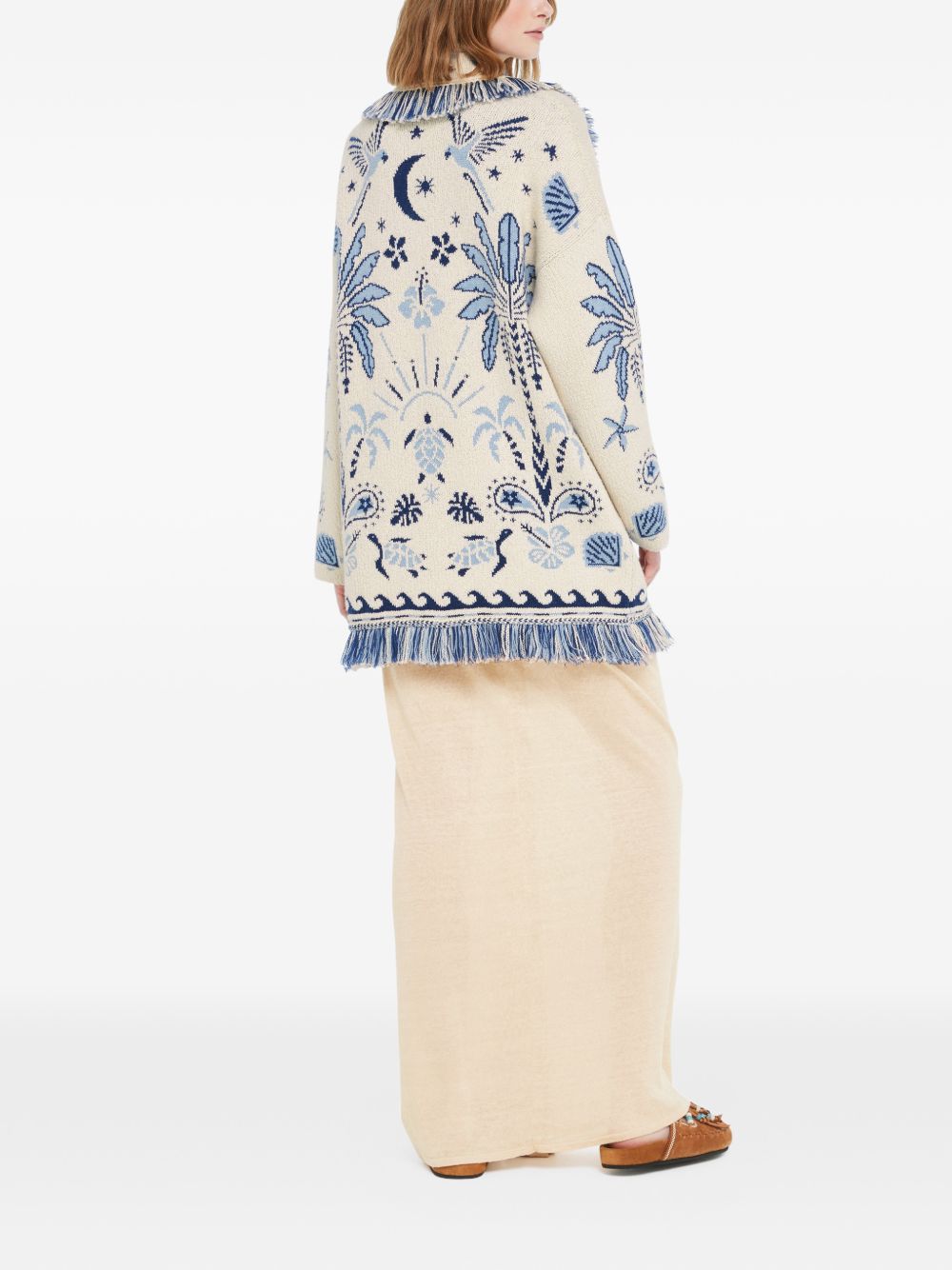 ALANUI Cardigan bianco e celeste con frange e cintura 
