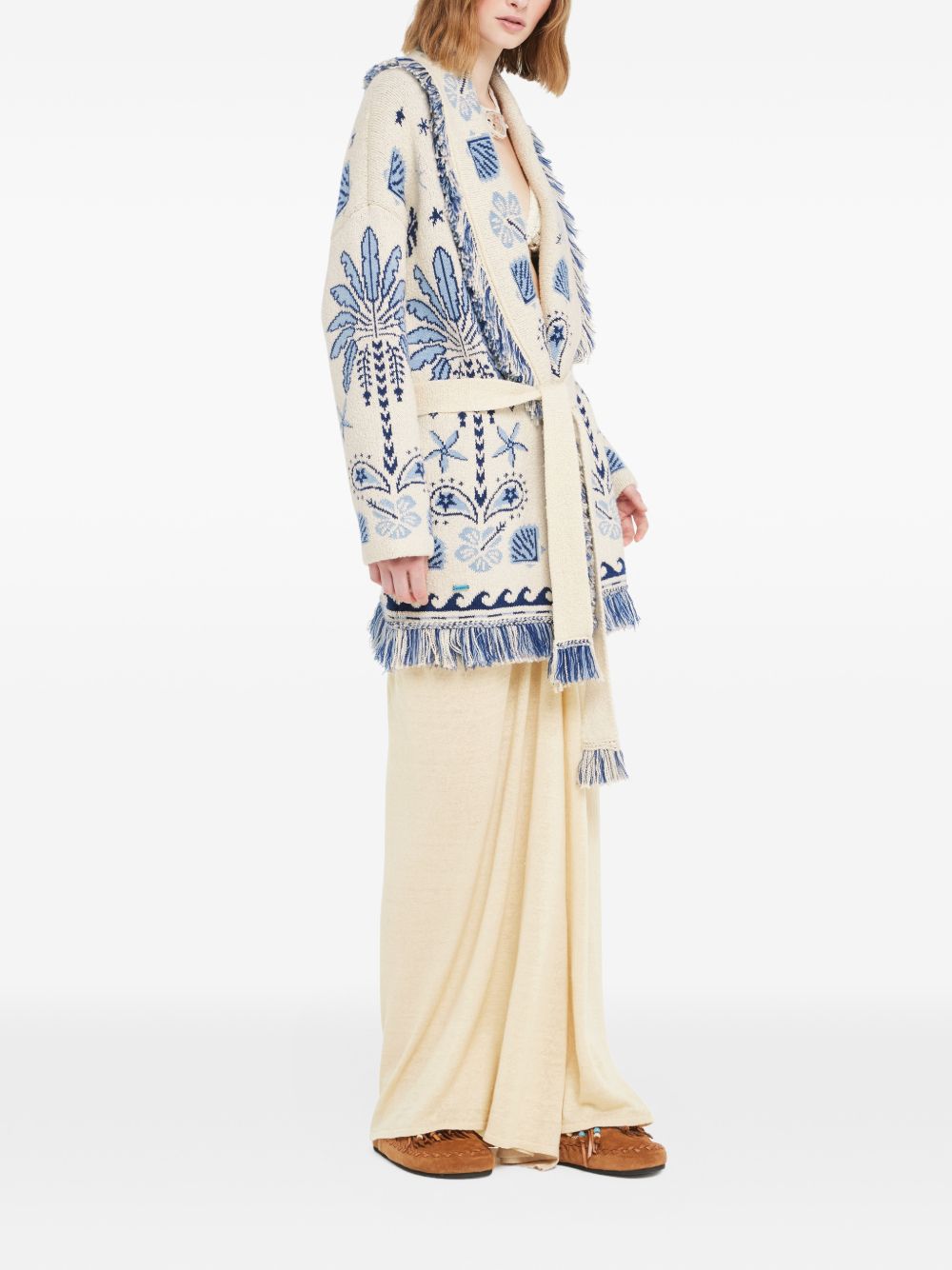 ALANUI Cardigan bianco e celeste con frange e cintura 