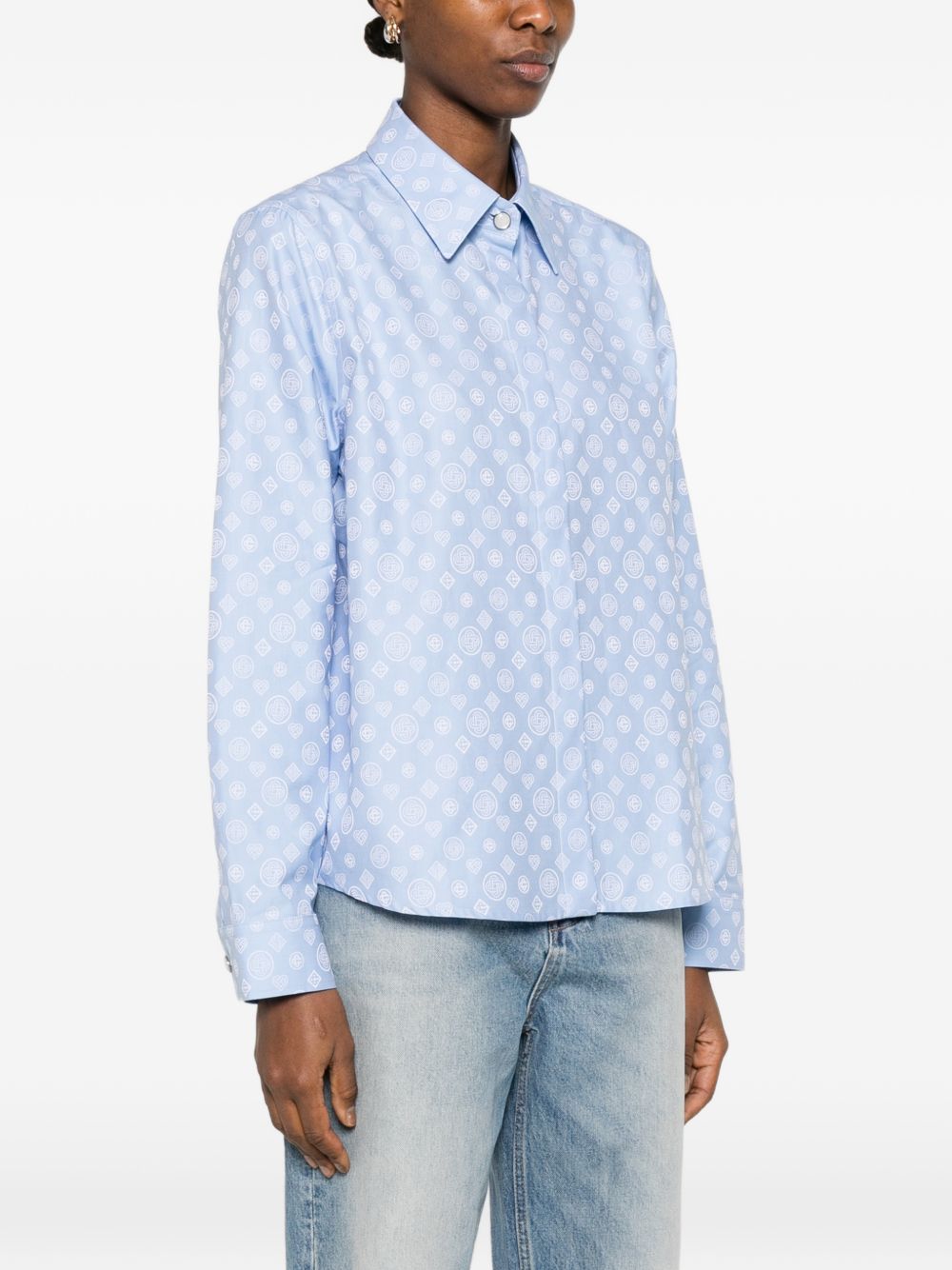 CASABLANCA Camicia svasata in cotone celeste con logo bianco all-over 