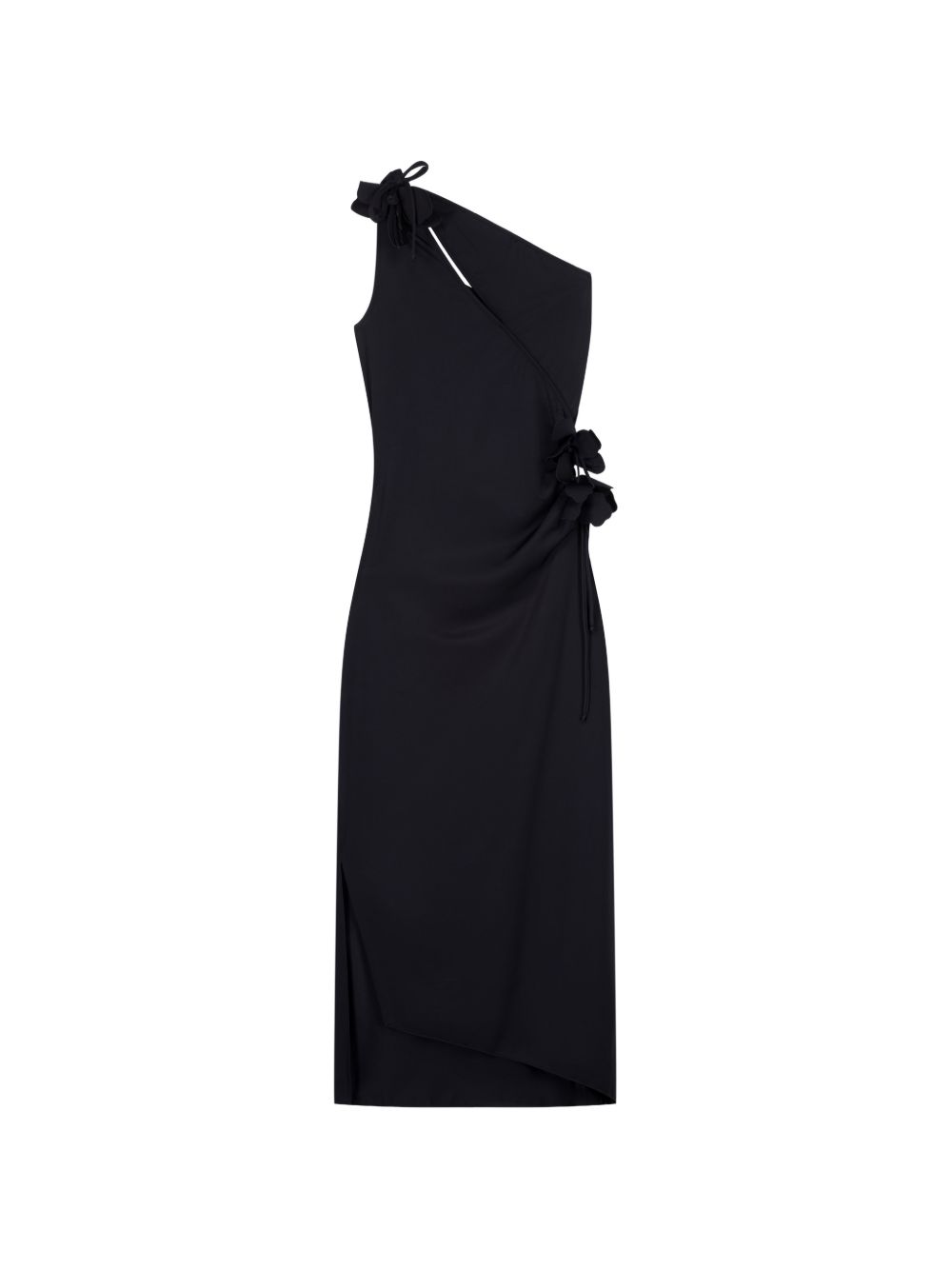 COPERNI Abito midi asimmetrico in jersey tecnico nero con nodi petalo 
