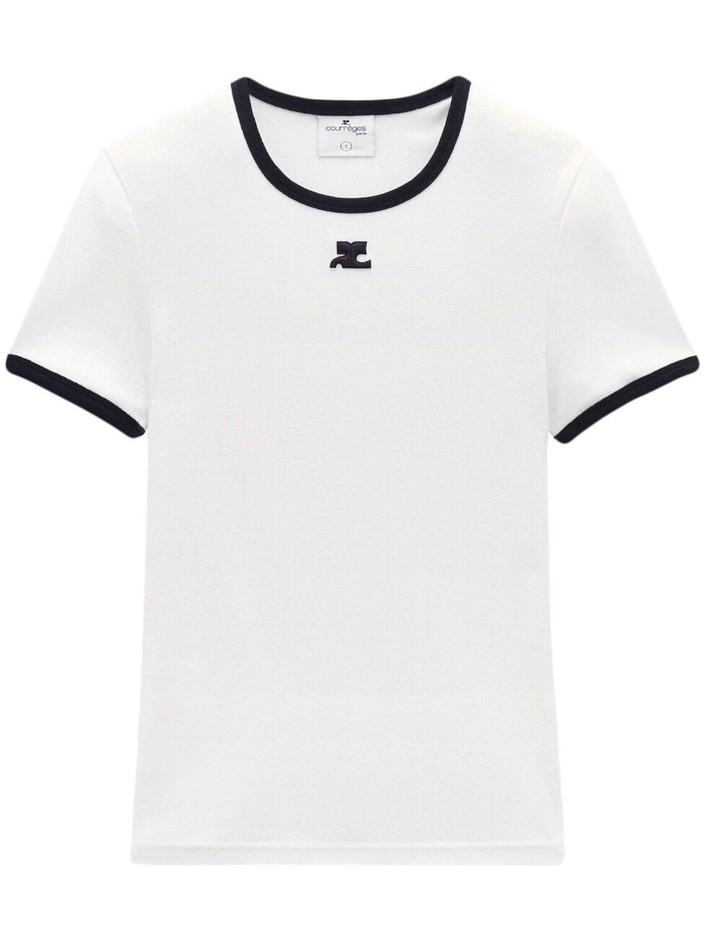 COURREGES T-shirt bianca con rifiniture nere e logo 