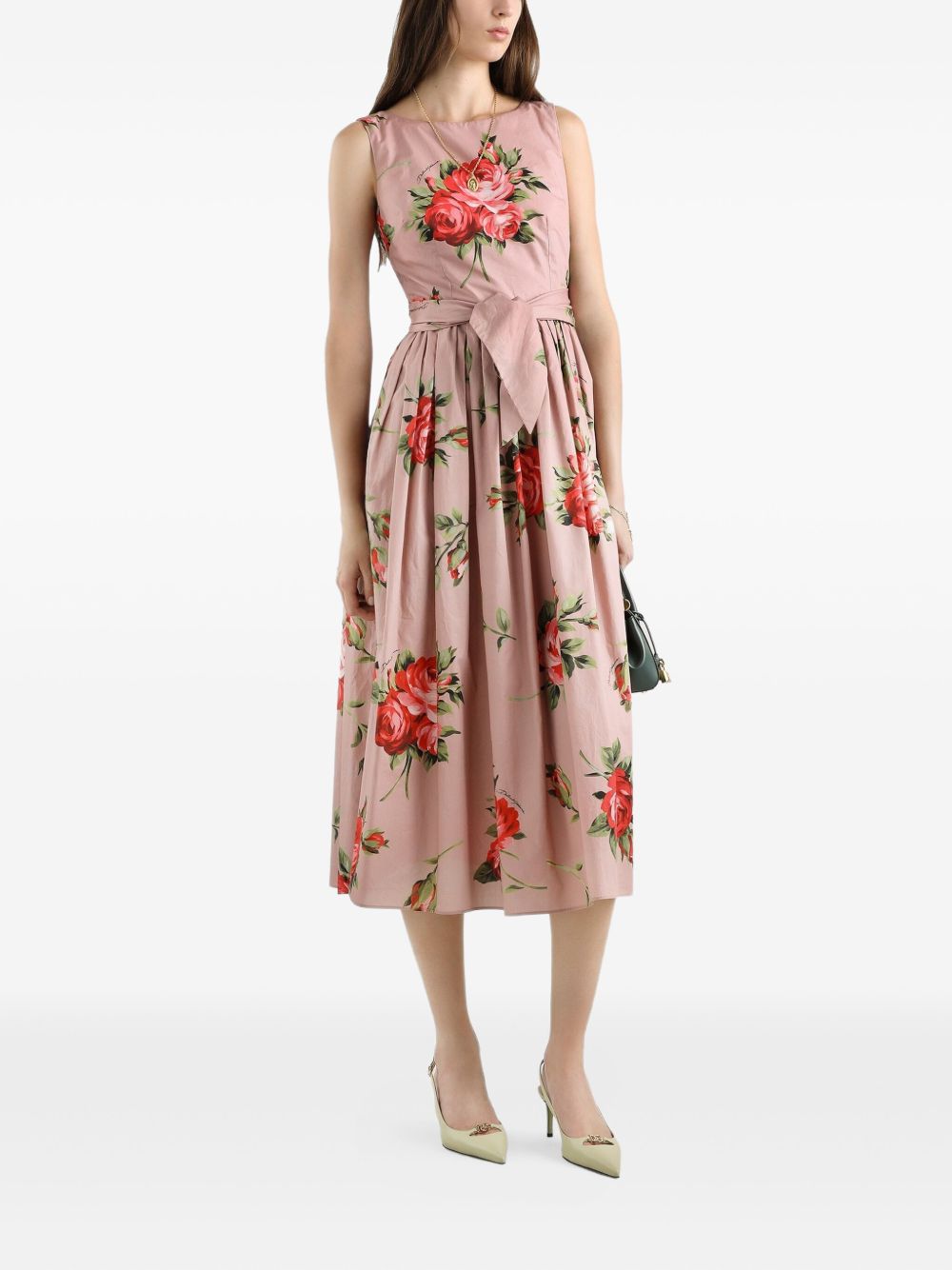 DOLCE e GABBANA Abito midi in cotone rosa con stampa fiori 