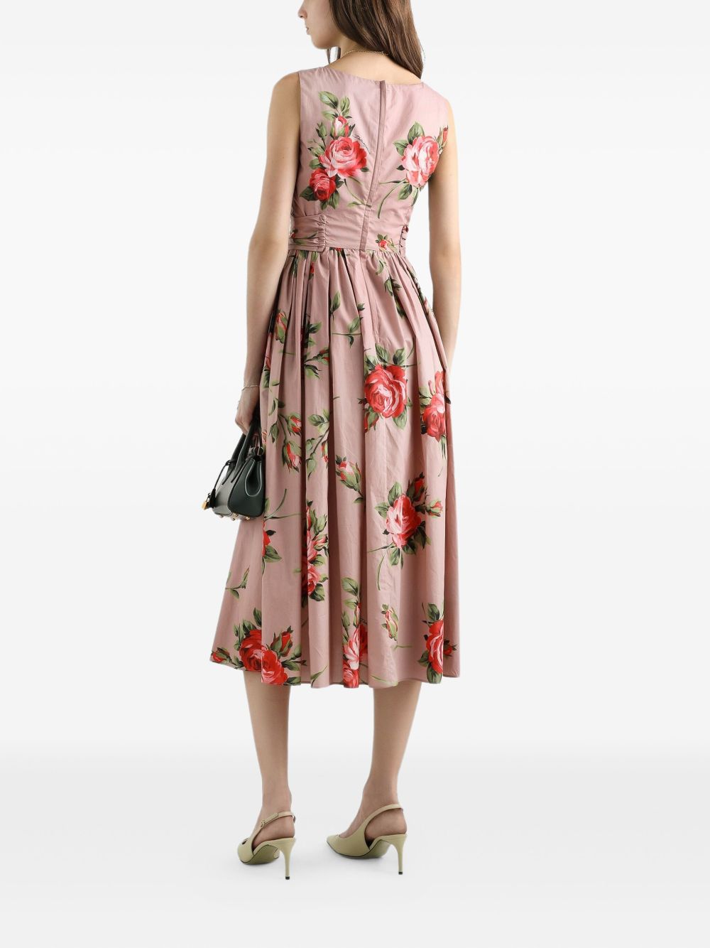 DOLCE e GABBANA Abito midi in cotone rosa con stampa fiori 