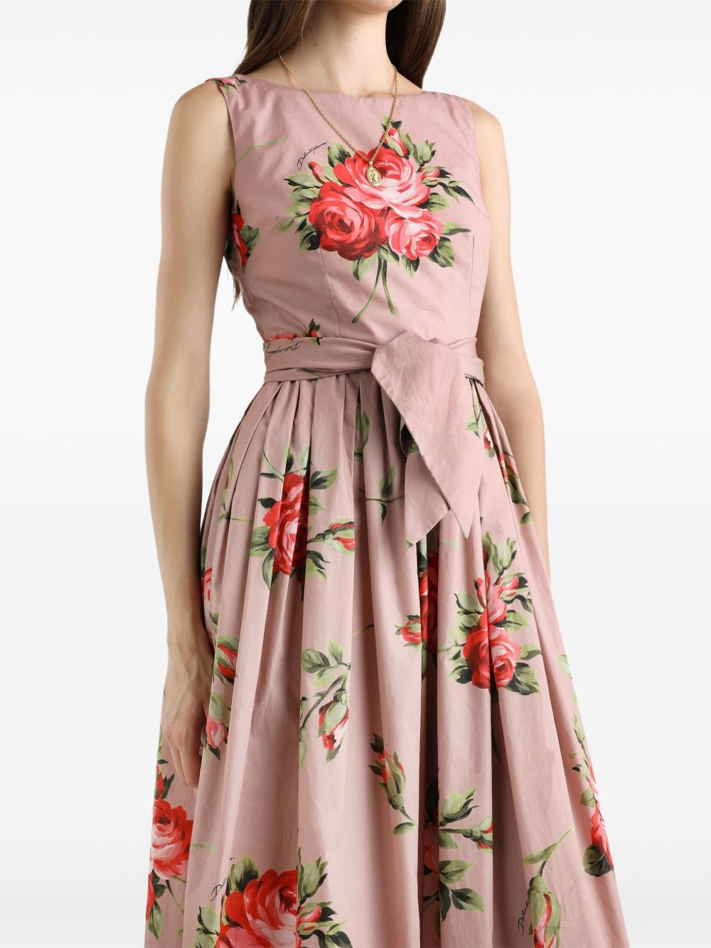 DOLCE e GABBANA Abito midi in cotone rosa con stampa fiori 