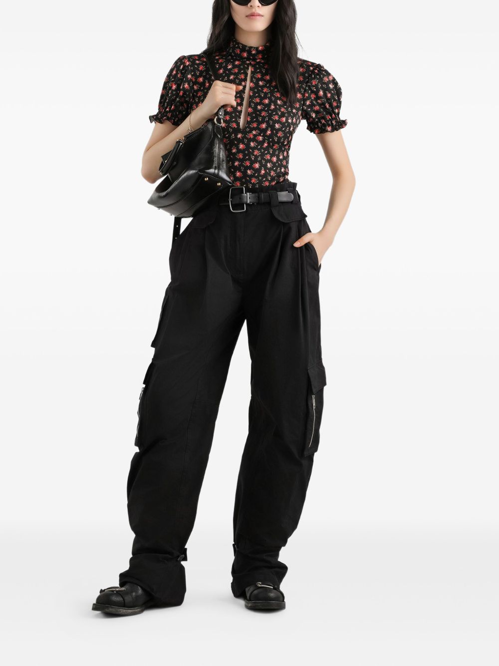 DOLCE e GABBANA Blusa nera in seta con stampa floreale 