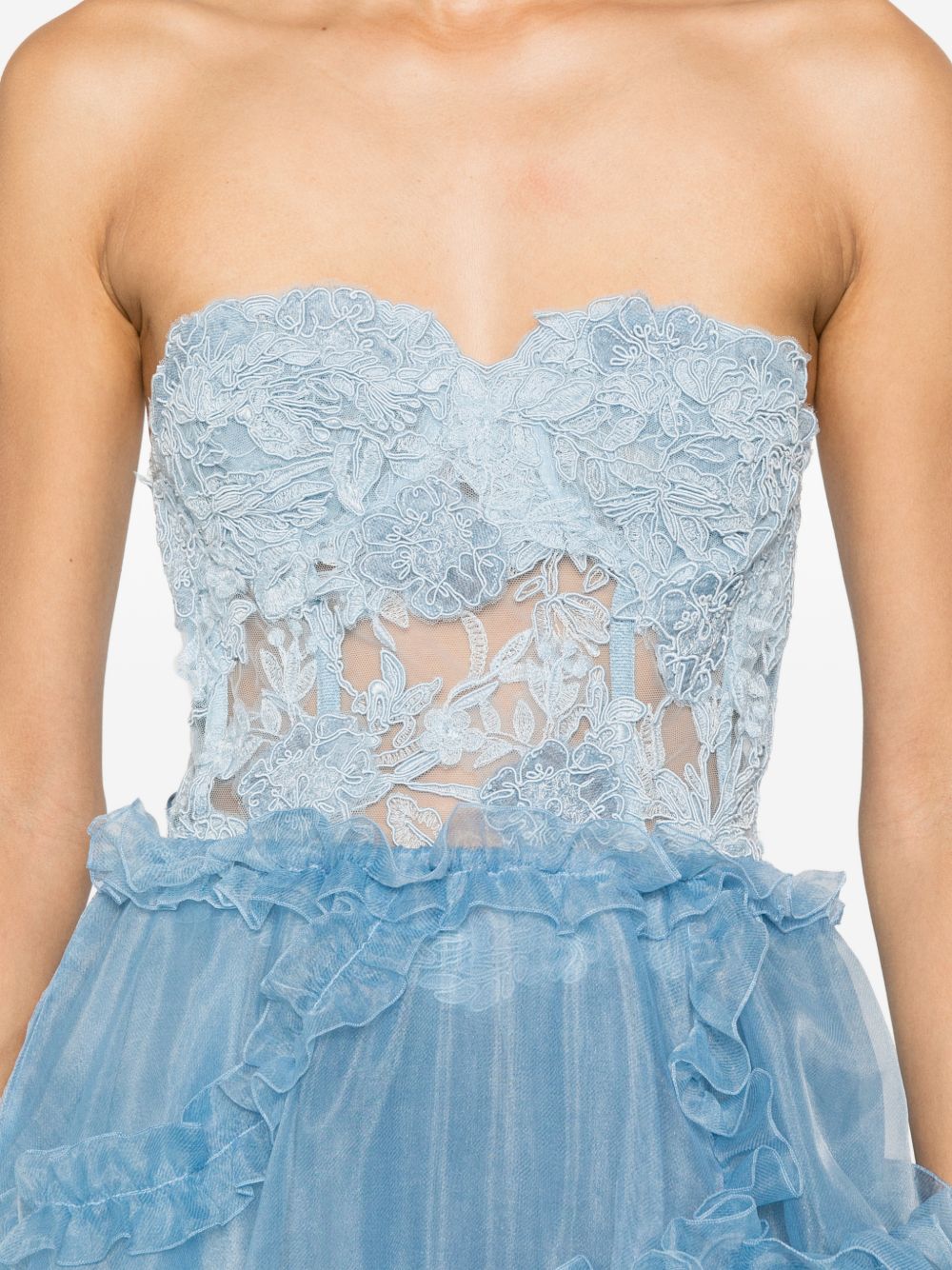 ERMANNO SCERVINO Corpetto senza spalline con ricami in pizzo celeste 