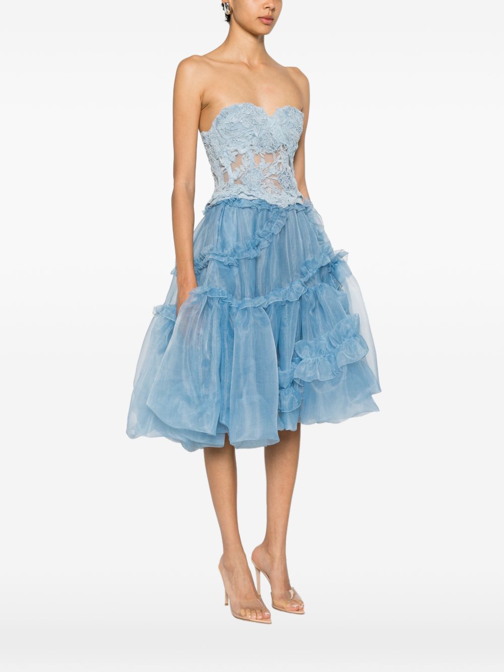 ERMANNO SCERVINO Corpetto senza spalline con ricami in pizzo celeste 