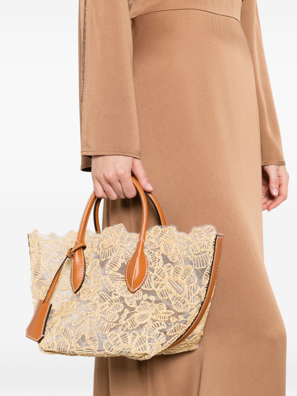 ERMANNO SCERVINO Borsa tote in pizzo floreale beige con manici superiori 