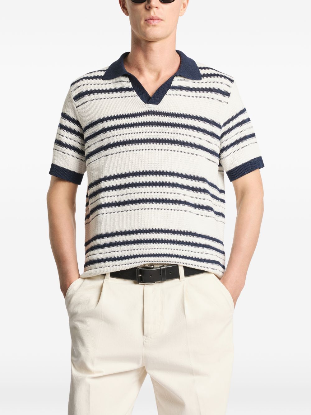 FAY Polo in maglia crema a righe con scollo a V 