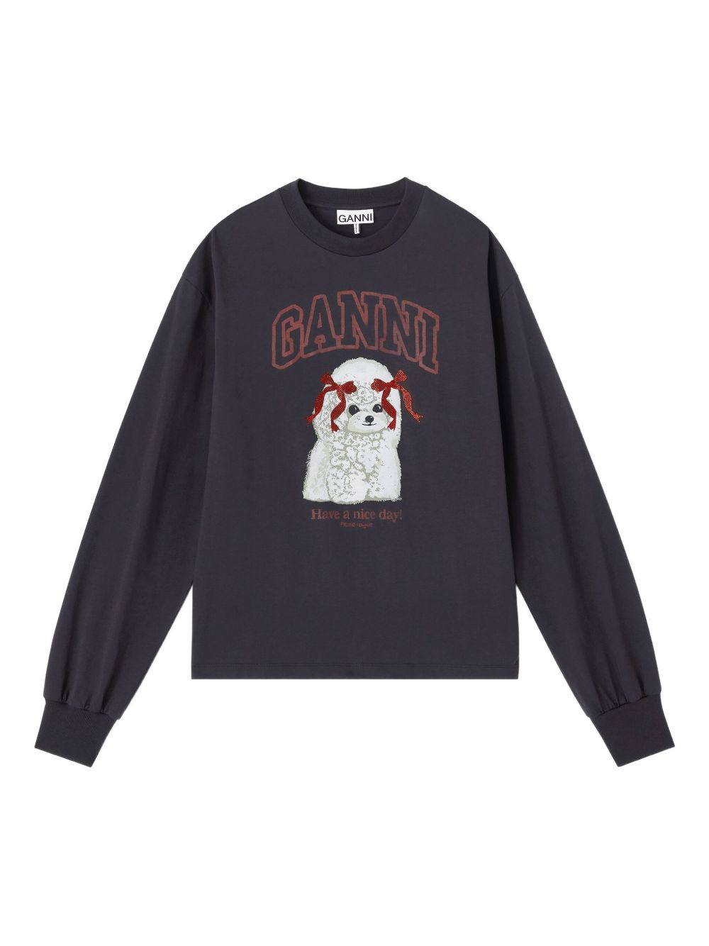 GANNI T-shirt in cotone a maniche lunghe con stampa cane 