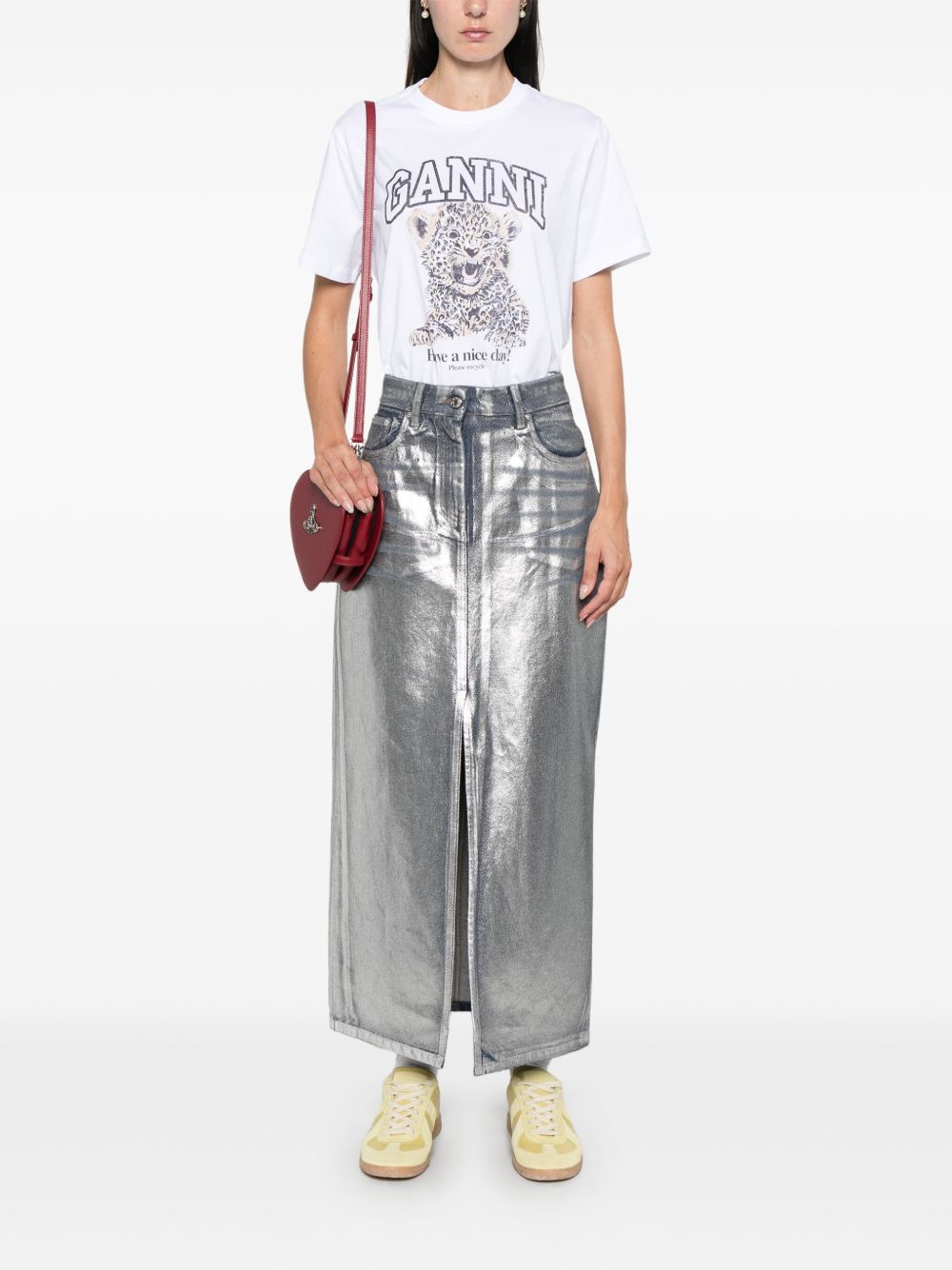 GANNI T-shirt in cotone bianco con leopardo 