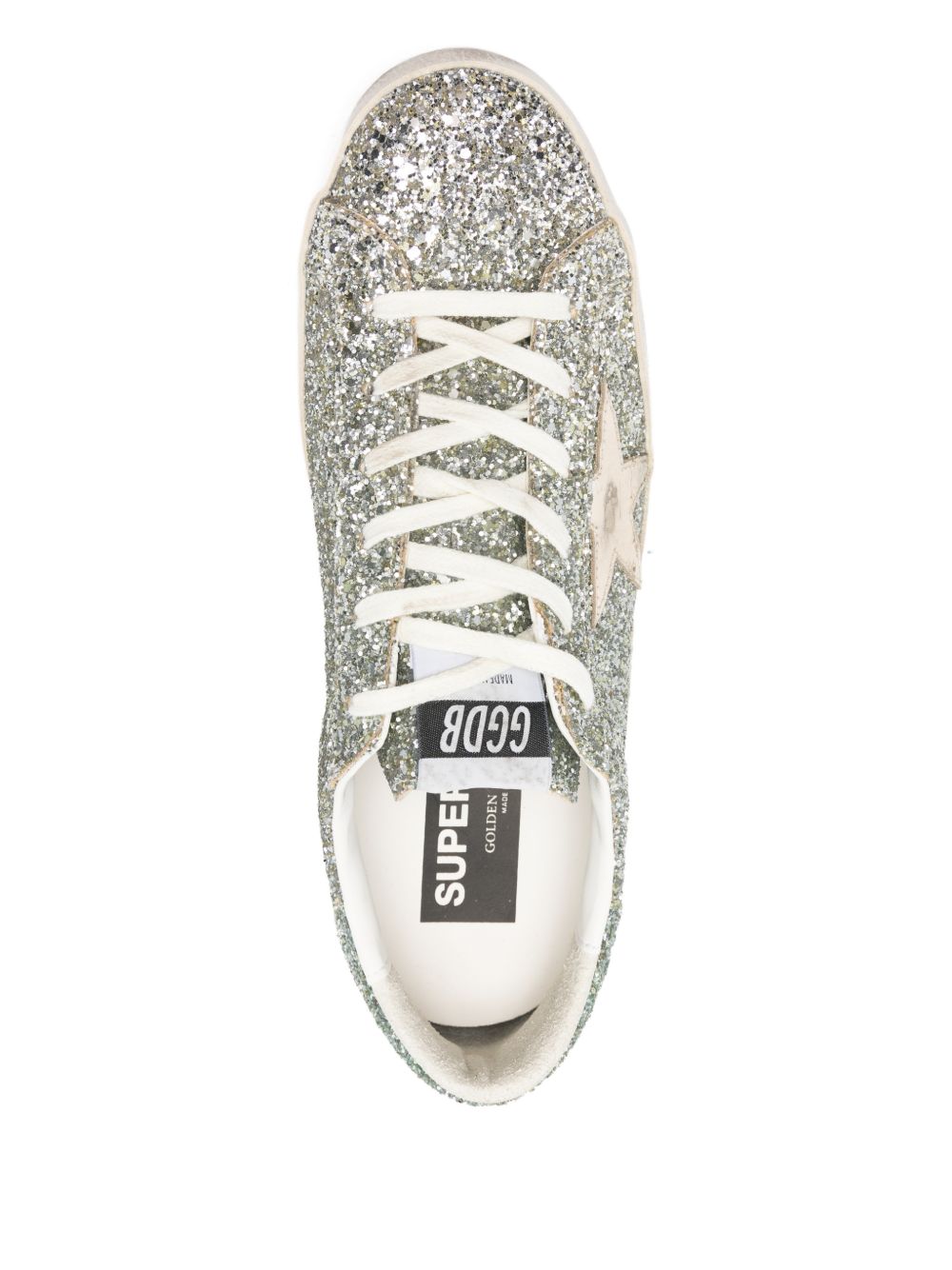 GOLDEN GOOSE Sneakers Super-Star in glitter argento con stella in suede grigio ghiaccio 
