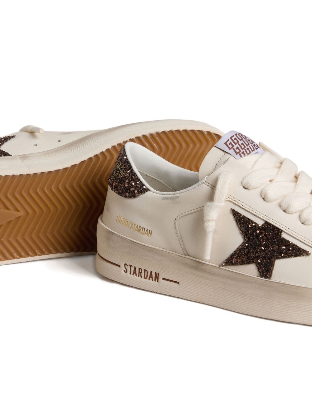 GOLDEN GOOSE Sneakers Stardan in pelle bianca con stella e talloncino in glitter 