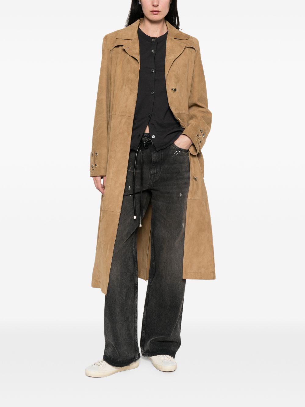 GOLDEN GOOSE Trench lungo in pelle scamosciata beige con cintura 