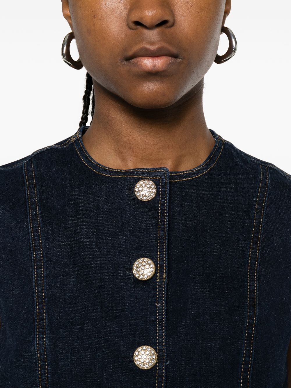 LIUJO Gilet nero di jeans con rifiniture in cuciture bianche 