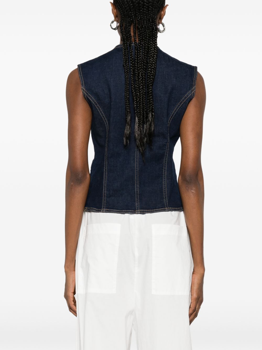 LIUJO Gilet nero di jeans con rifiniture in cuciture bianche 