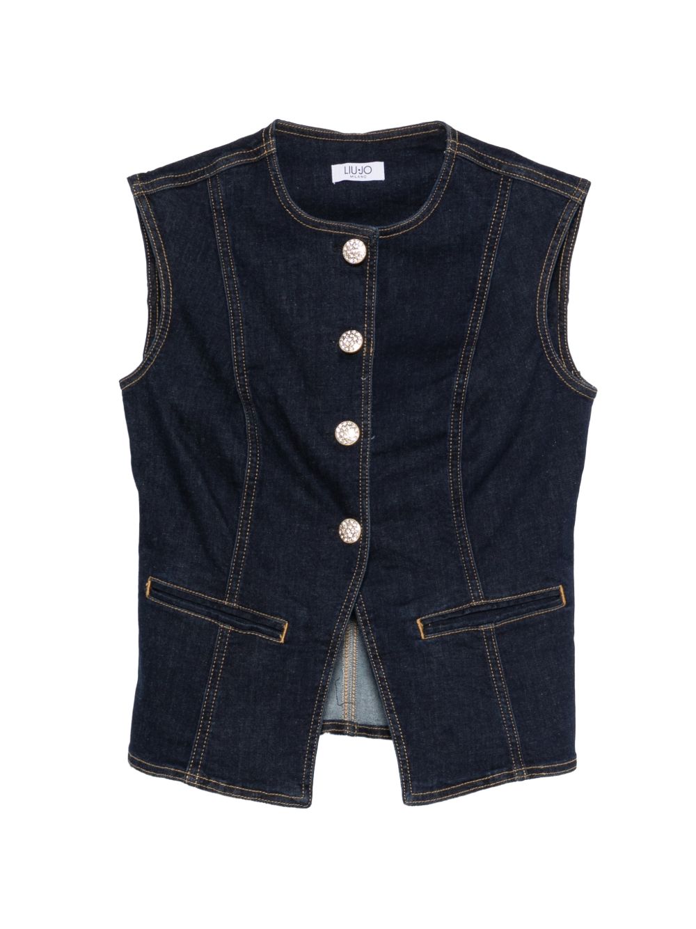 LIUJO Gilet nero di jeans con rifiniture in cuciture bianche 