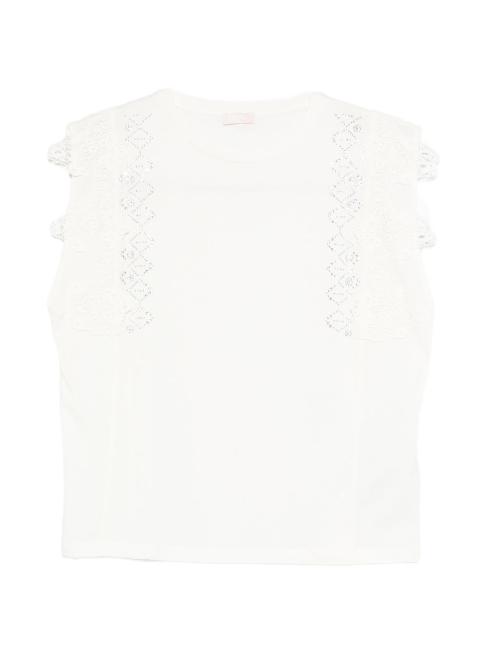 LIUJO T-shirt bianca con ricami e impreziosita da strass argentati 