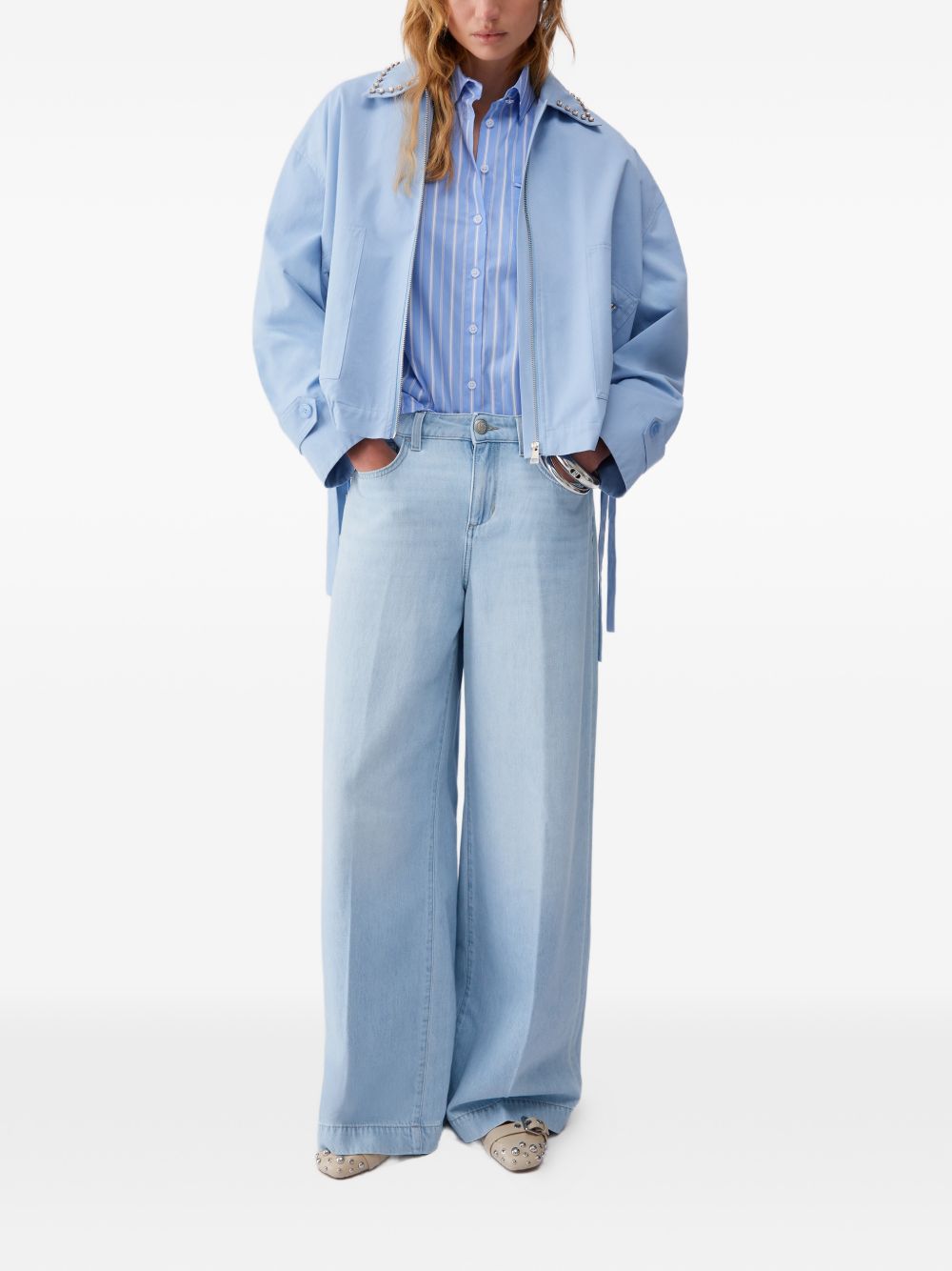 LIUJO Camicia con coulisse in vita e maniche 3/4 a righe azzurre e bianche 